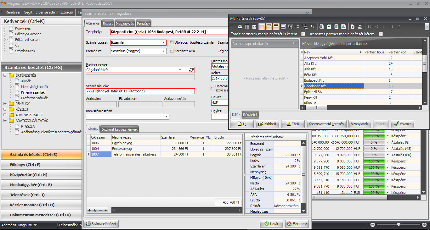 Számla rögzítése