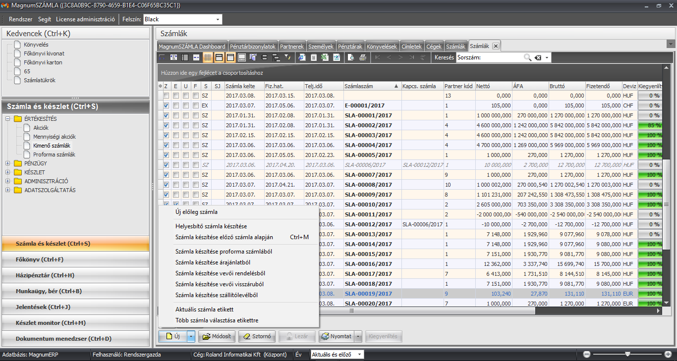 Számla rögzítése főmenü, típus kiválasztási lehetőségek