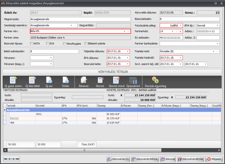 Könyvelési és előrögzítési ablak Fokonyv_1
