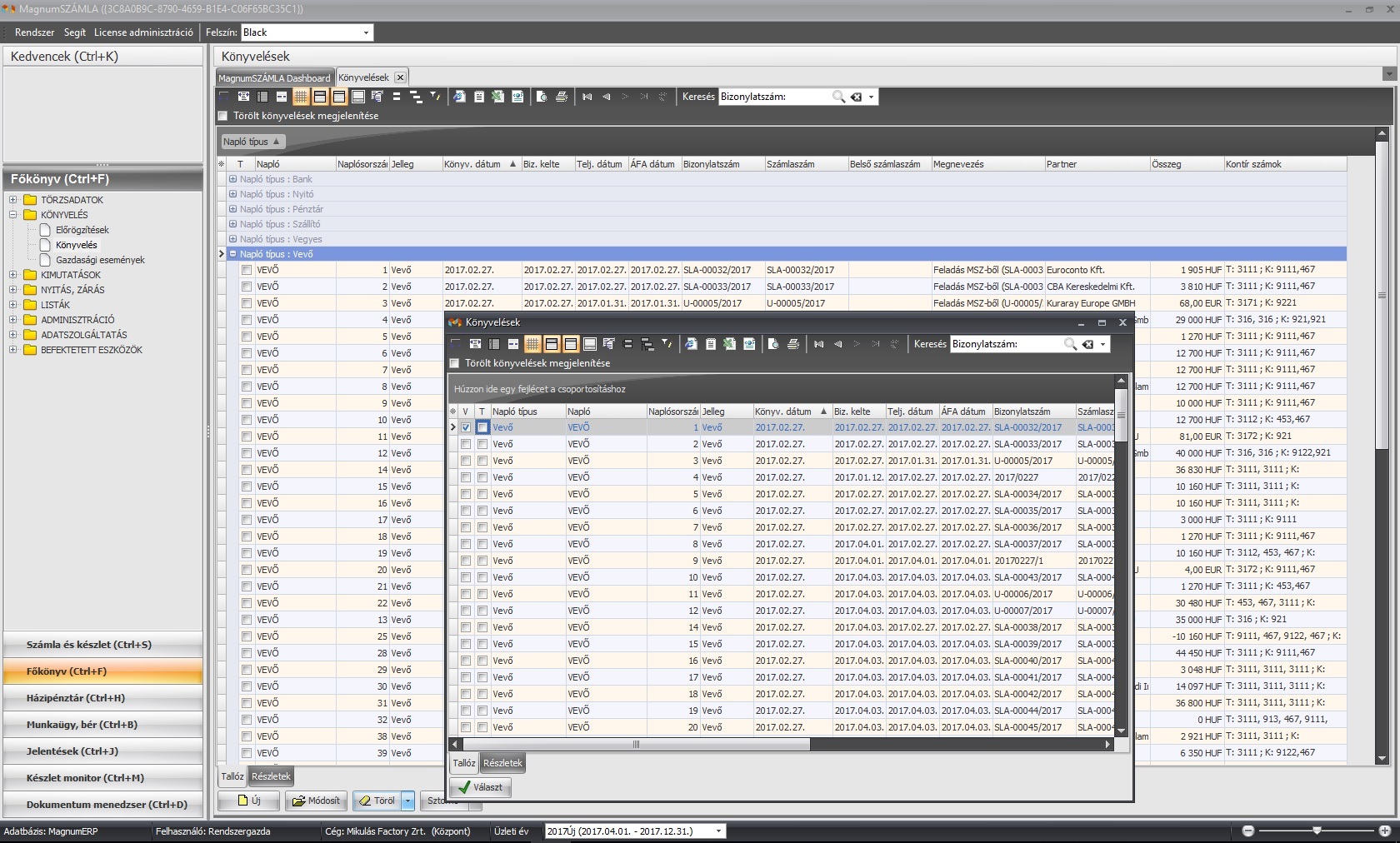 Könyvelt tételek megtekintő ablaka Magnum Főkönyv 3