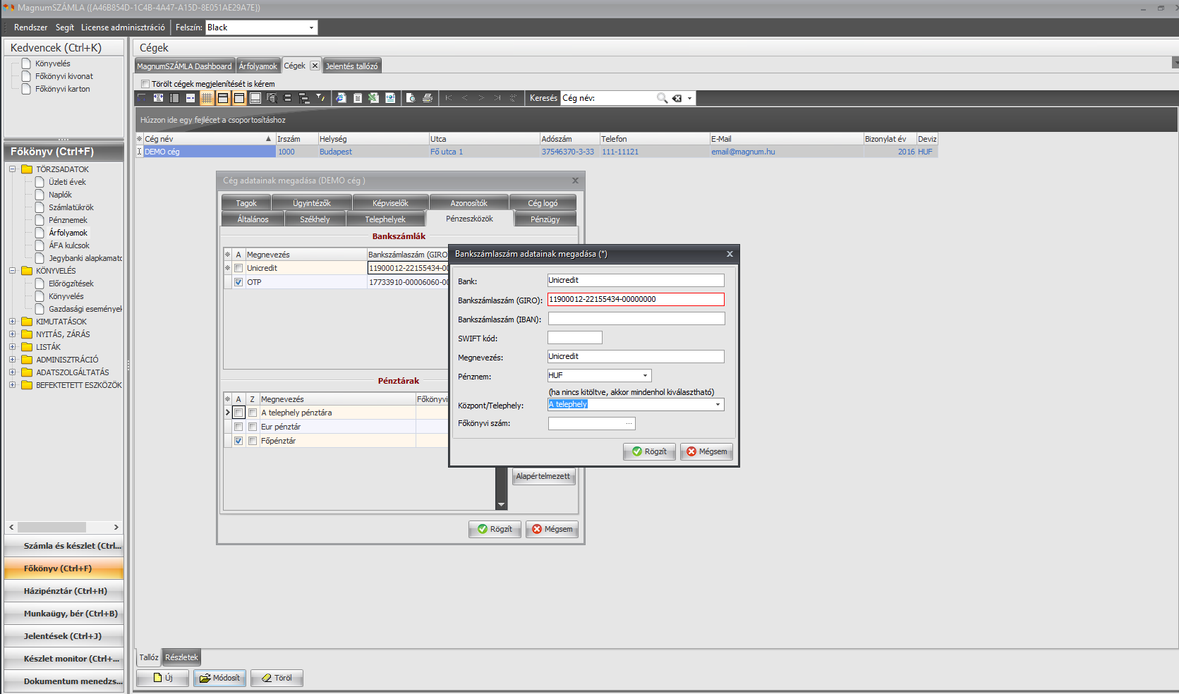 Cég alapadatok, bank és pénztár rögzítése Magnum Főkönyv 5