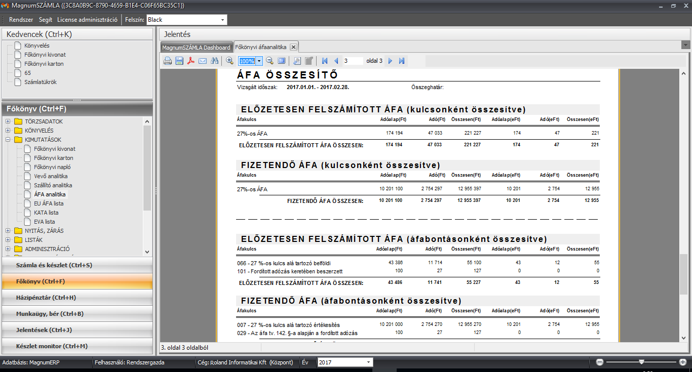 ÁFA analitika összesítő sorok Magnum Főkönyv 6