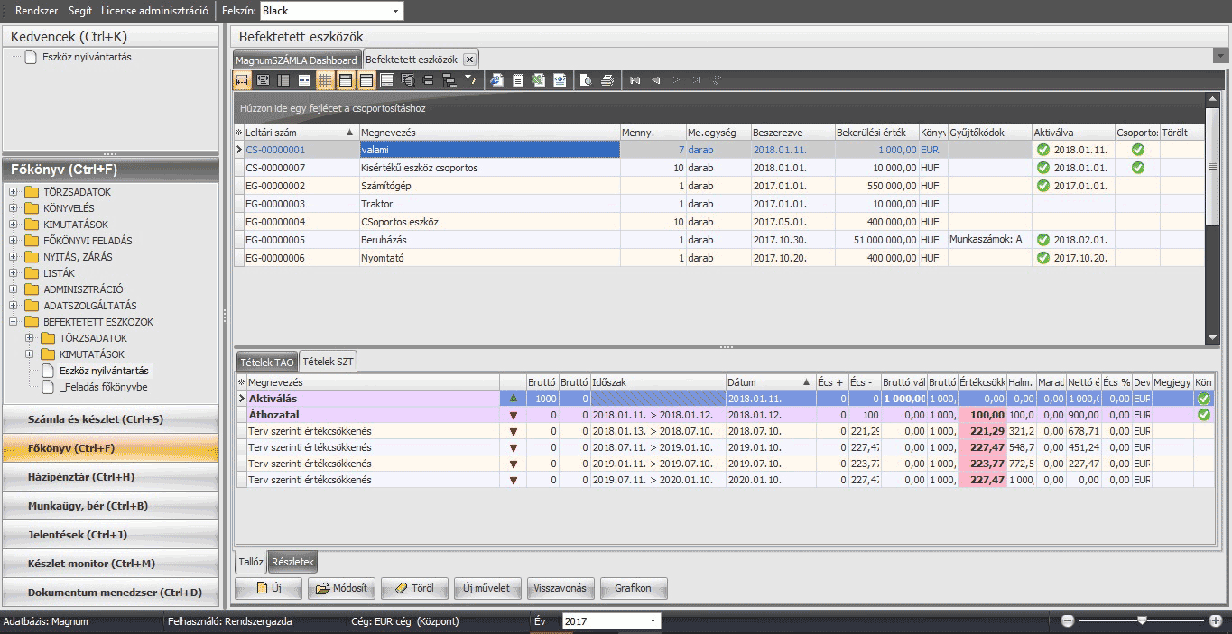 Befektetett eszközök áttekintő ablaka Magnum Főkönyv 7