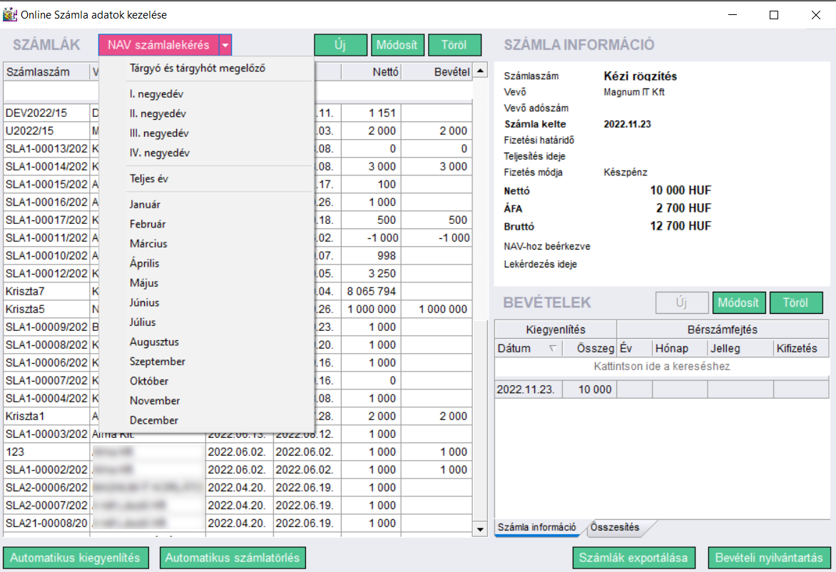 Számla rögzítése