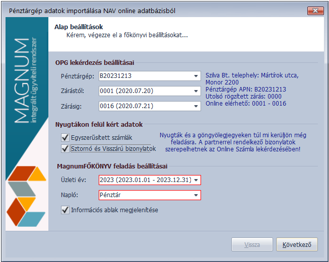 Pénztárgép adat import OPG szűrés